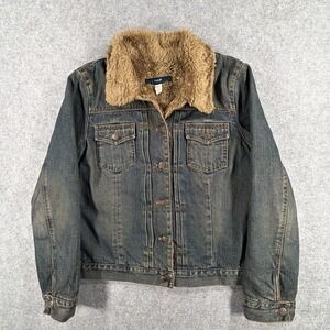 Vintage Gap Denim Jacket Womens Large Medium Wash Blue Fake Fur Lined Y2K
